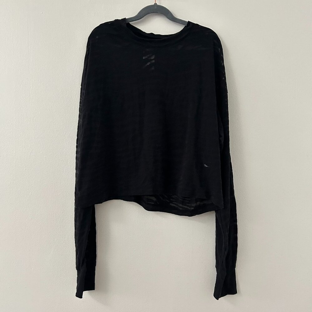 DKNY Crop Top long sleeve tee shirt Womens S Black semi sheer burnout Whimsigoth